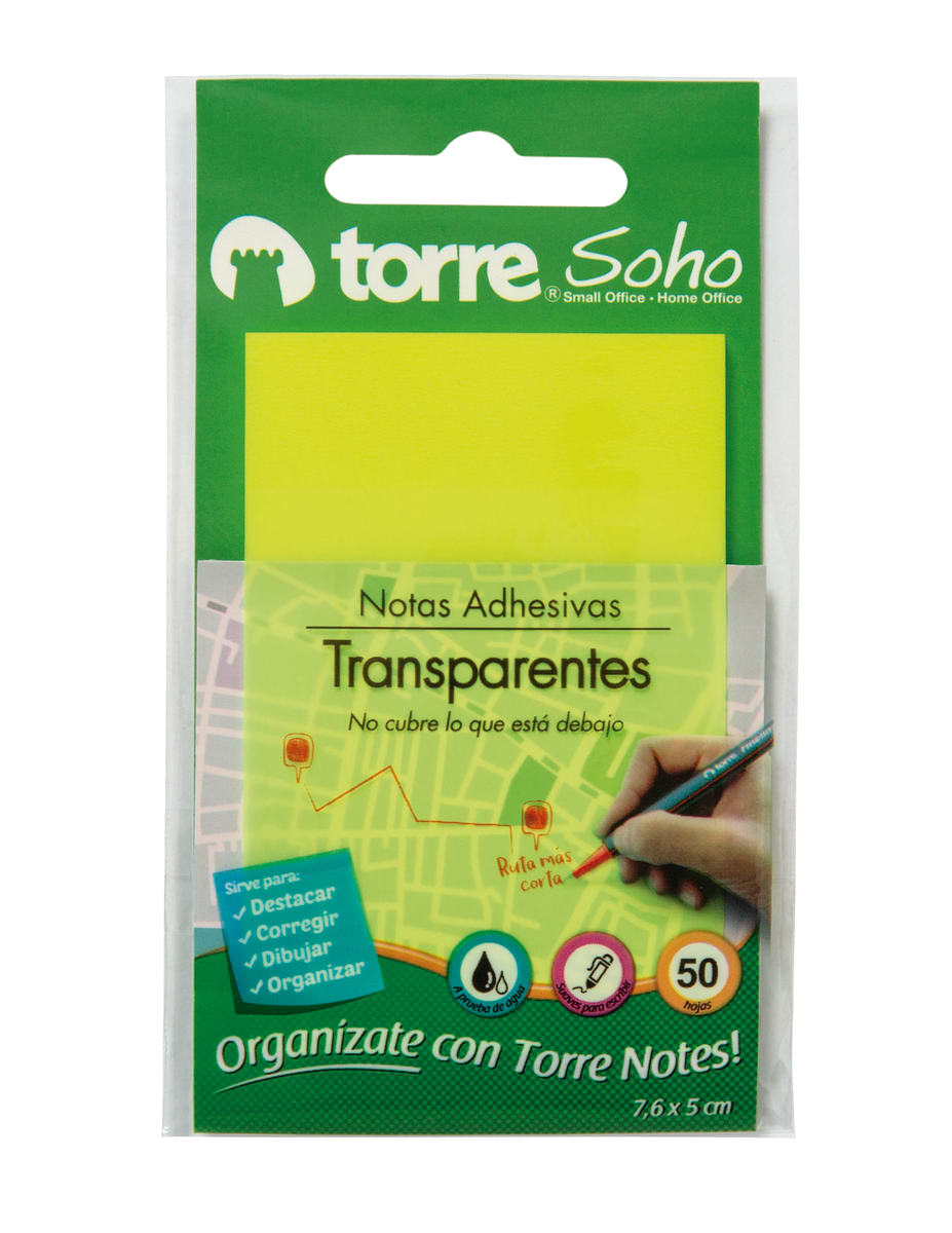 Notas adhesivas transparentes amarillo neon 7,6x5cm torre1