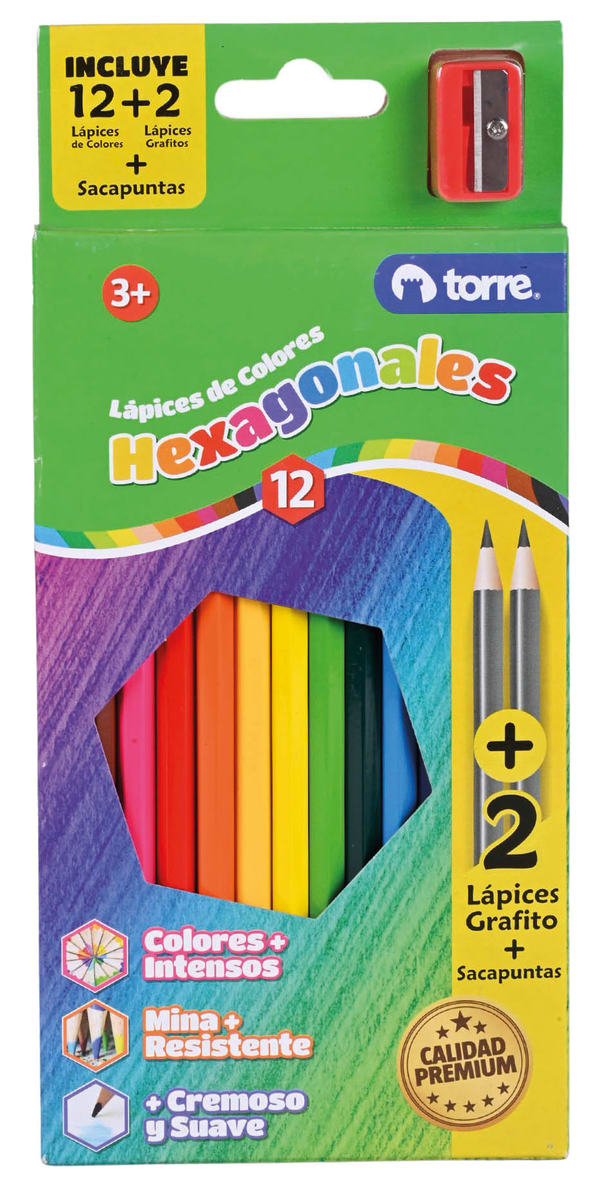 12 lápices de colores hexagonales + 2 lápices grafito + sacapuntas torre1