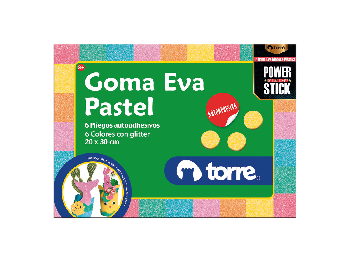 Carpeta de goma eva pastel glitter adhesiva 6 pliegos Torre1