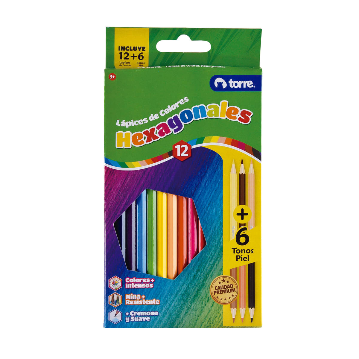 12 lápices de colores hexagonales + 3 lápices en tonos piel Torre1