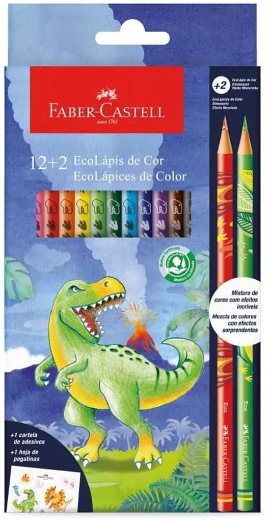 12 lápices de colores redondos +2 lápices mix dinosaurio Faber-Castell1