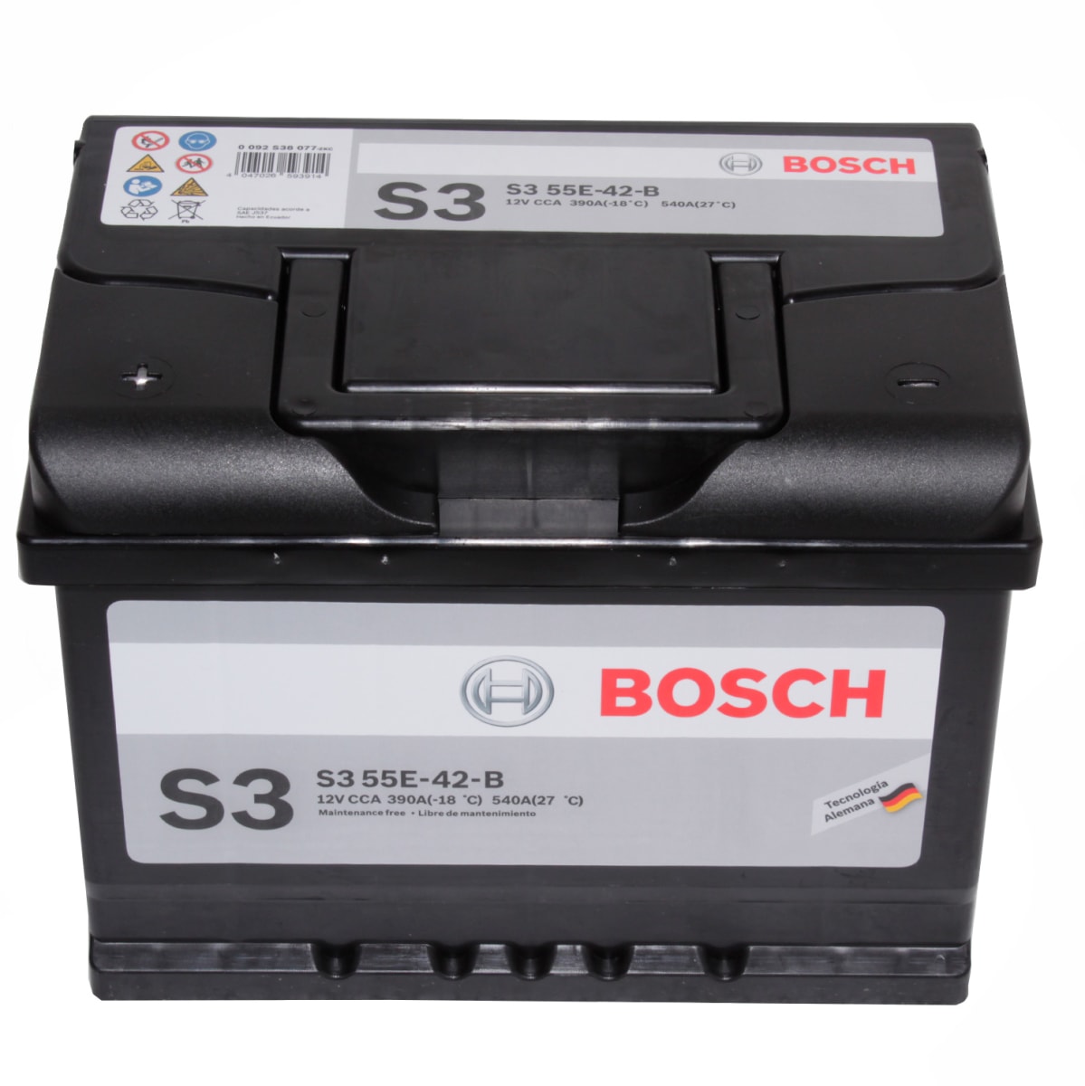 BATERIA 55 AMP S3 55E-42-B CCA390 (+-) BORNE ESTANDAR CON PESTAÑA LH BOSCH3