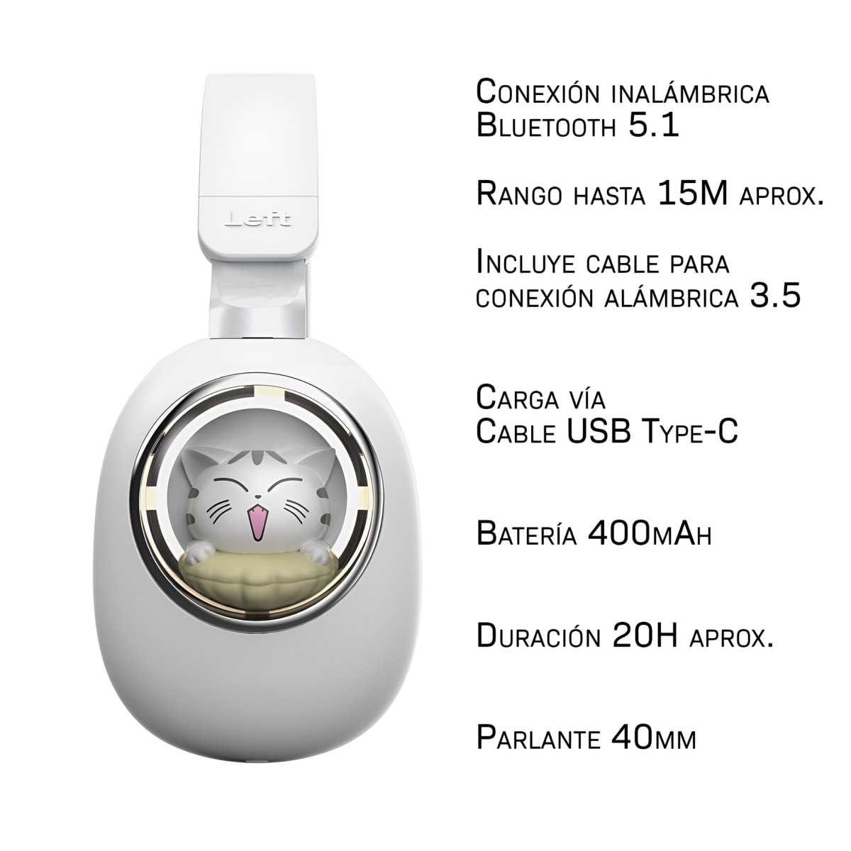 Audífono Bluetooth Diseño Kwai Cat Celeste4