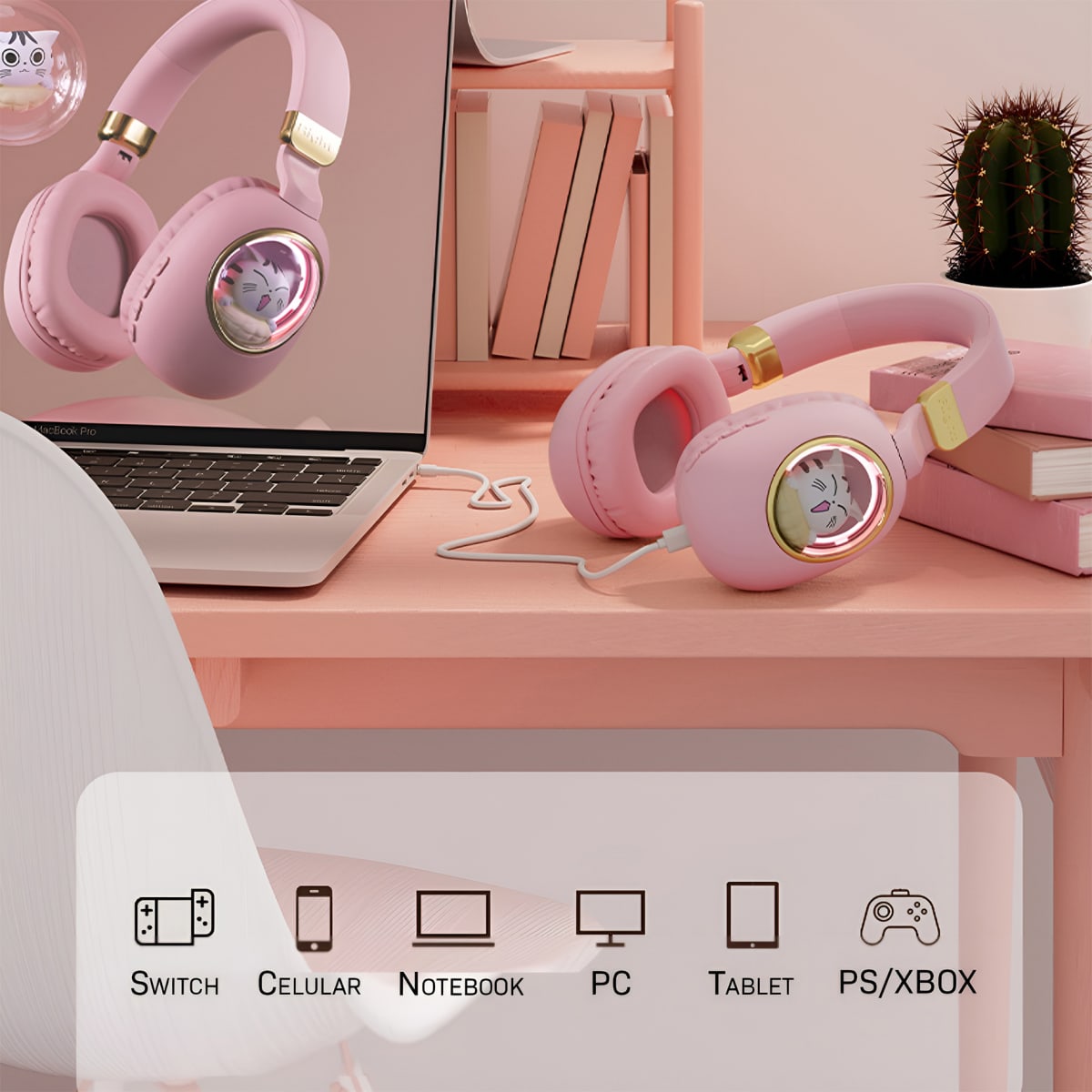 Audífono Bluetooth Diseño Kwai Cat Celeste6