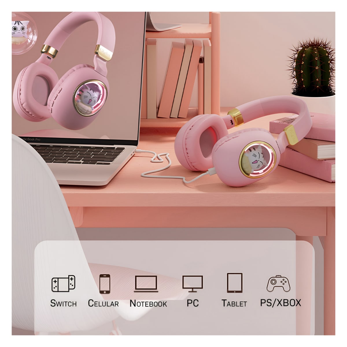 Audífono Bluetooth Diseño Kwai Cat Rosado3