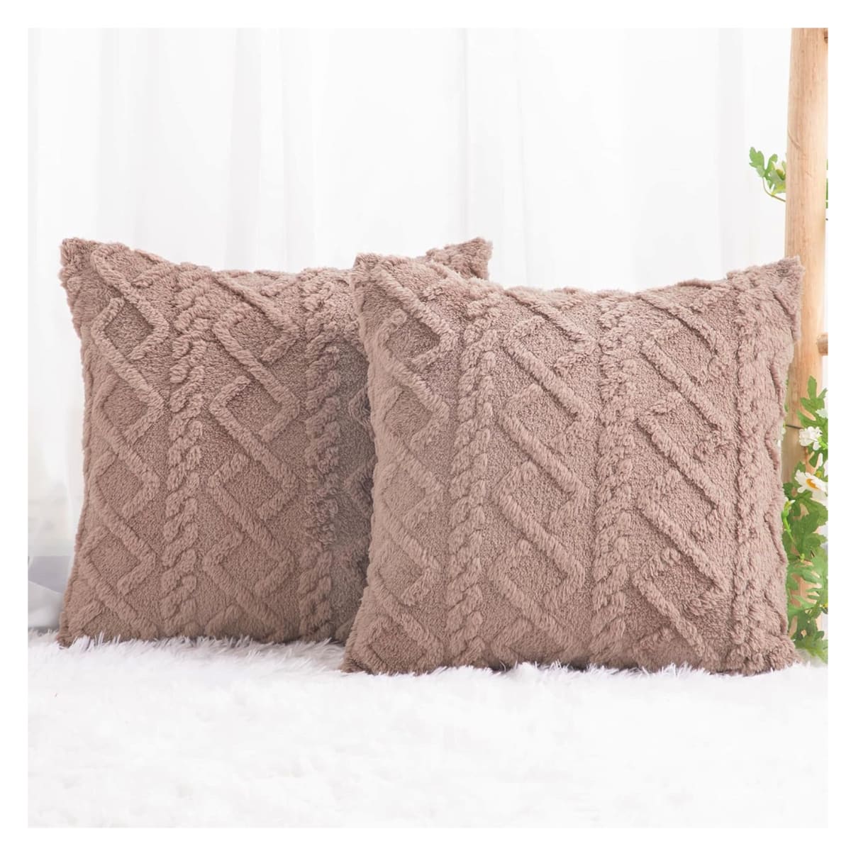 2 Fundas para Cojín Jacquard de Felpa Geométrica 3D Café 45x45 cms2