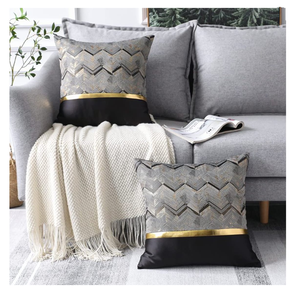 2 Fundas para Cojín Moderno Color Negro dorado 45x45 cms2
