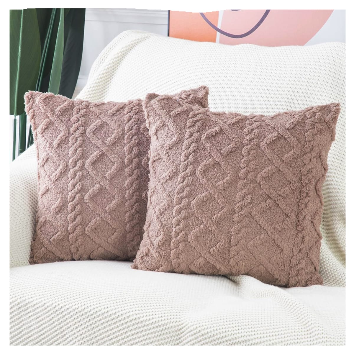 2 Fundas para Cojín Jacquard de Felpa Geométrica 3D Café 45x45 cms1