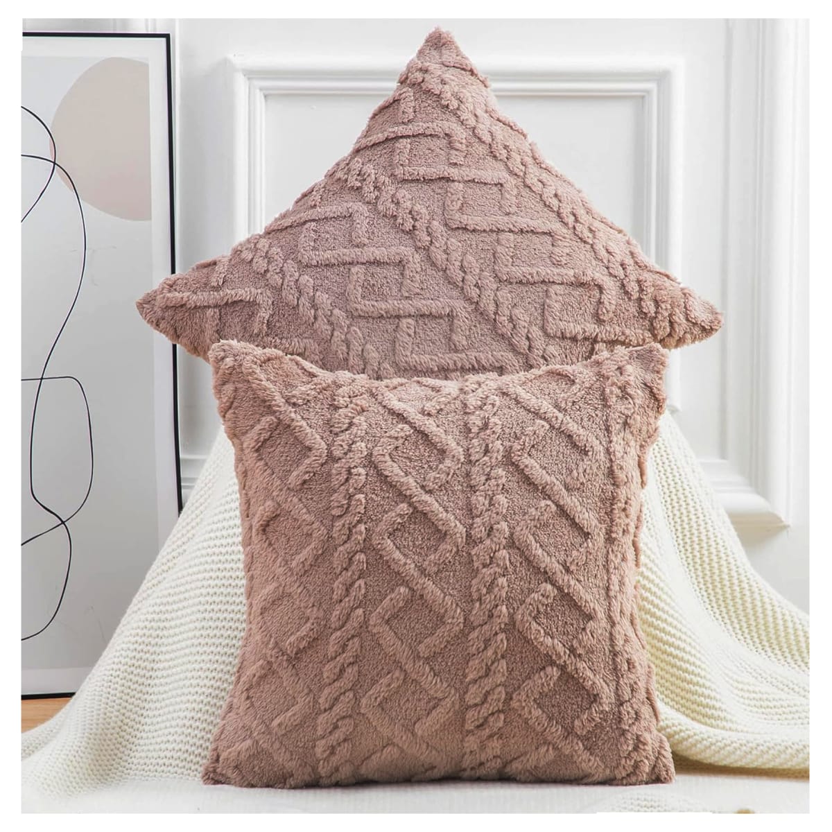 2 Fundas para Cojín Jacquard de Felpa Geométrica 3D Café 45x45 cms3