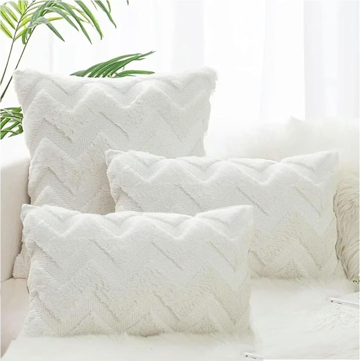 2 Fundas para Cojín Jacquard de Felpa Geométrica 3D Blanco 30x50 cms1