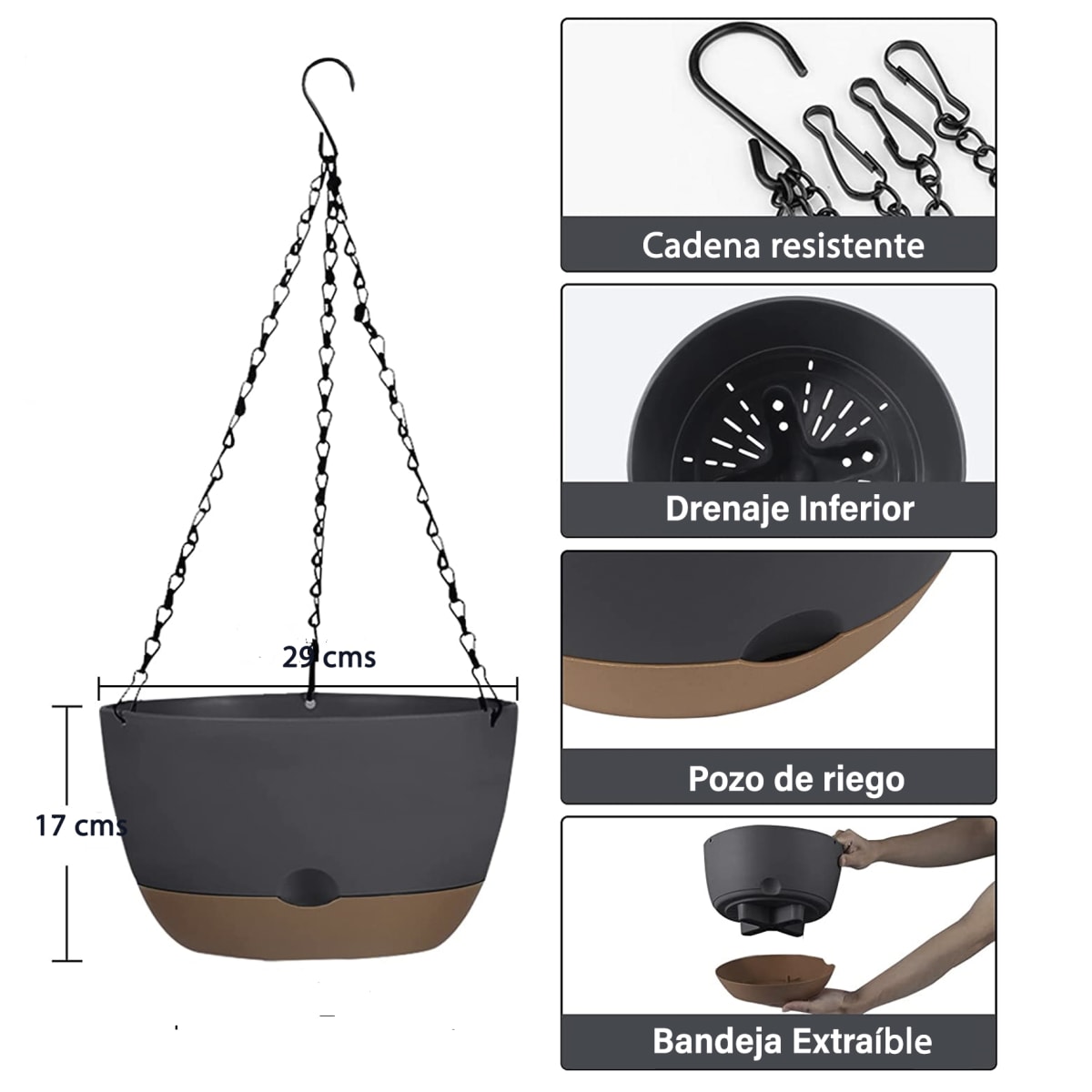 Kit 2 Maceta Colgante con Bandeja Extraíble y Drenaje L Negra2