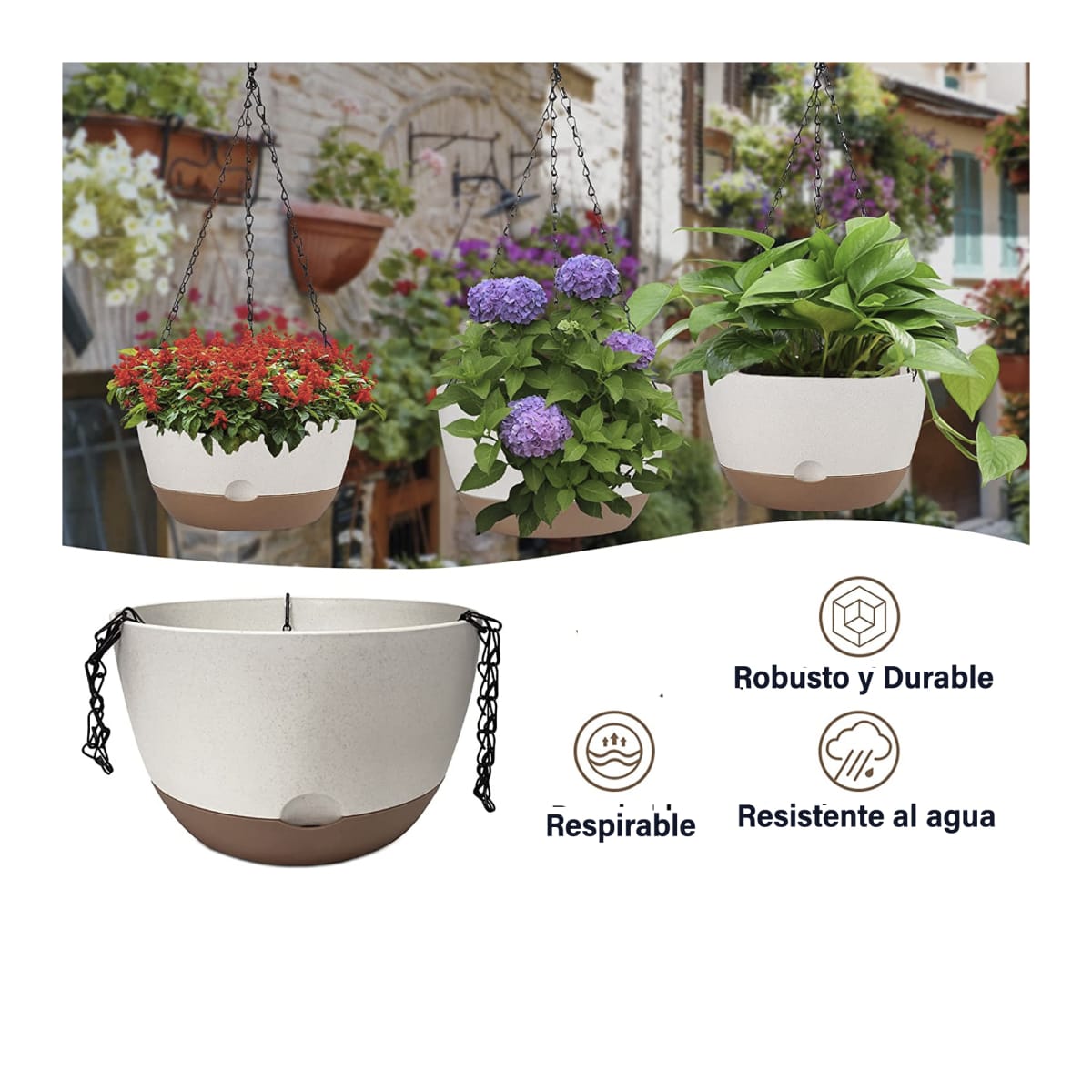 Kit 4 Maceta Colgante con Bandeja Extraíble y Drenaje L Blanca3