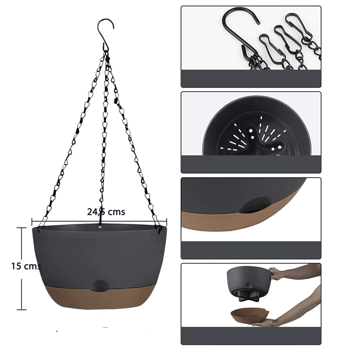 Kit 4 Maceta Colgante con Bandeja Extraíble y Drenaje M Negra2