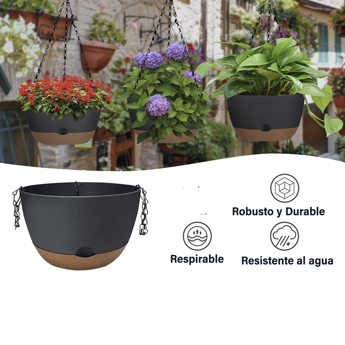 Kit 2 Maceta Colgante con Bandeja Extraíble y Drenaje M Negro4
