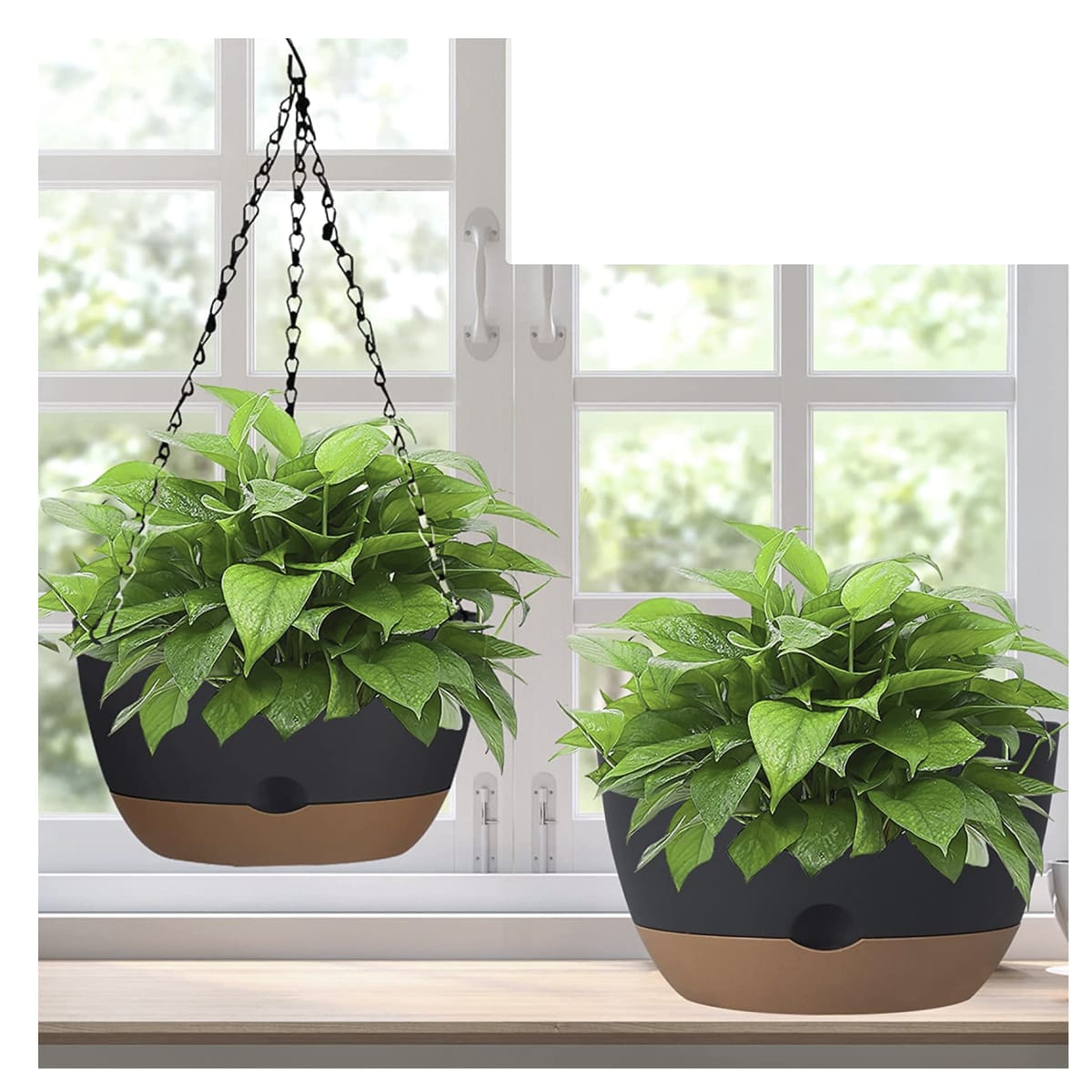 Kit 2 Maceta Colgante con Bandeja Extraíble y Drenaje L Negra4
