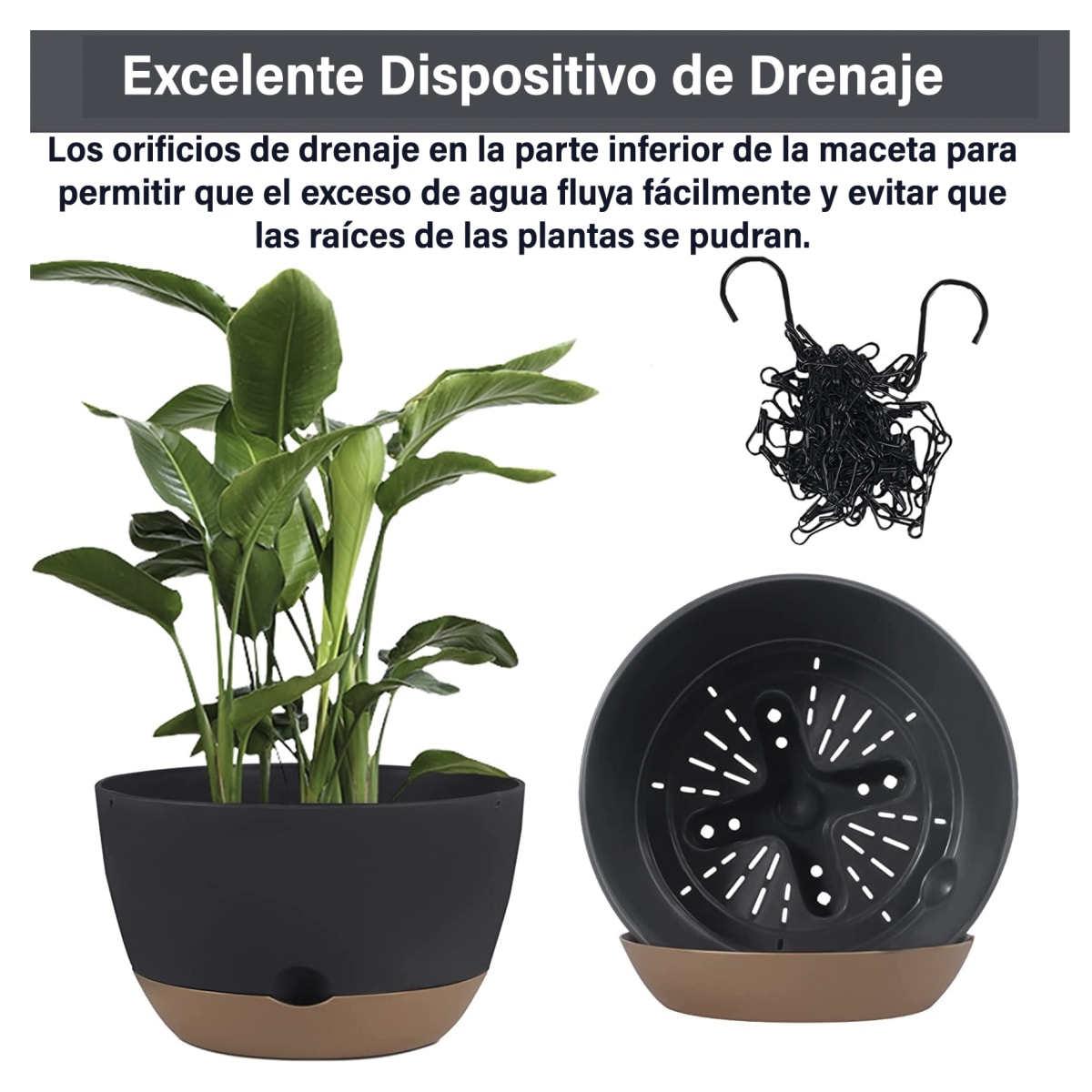 Kit 2 Maceta Colgante con Bandeja Extraíble y Drenaje M Negro6