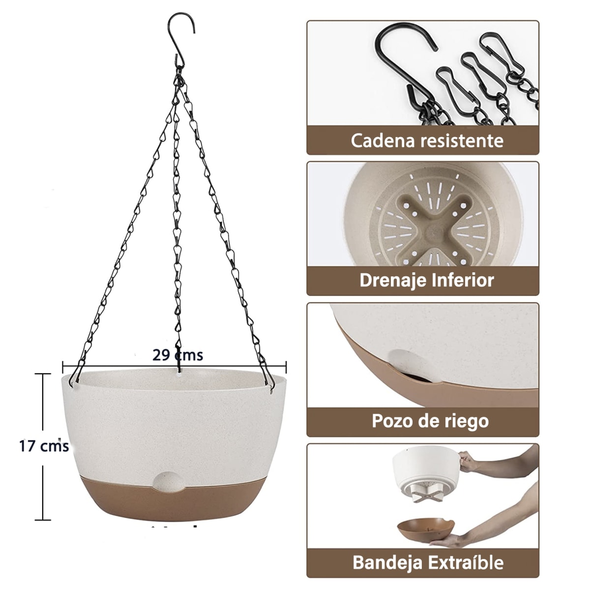 Kit 4 Maceta Colgante con Bandeja Extraíble y Drenaje L Blanca2