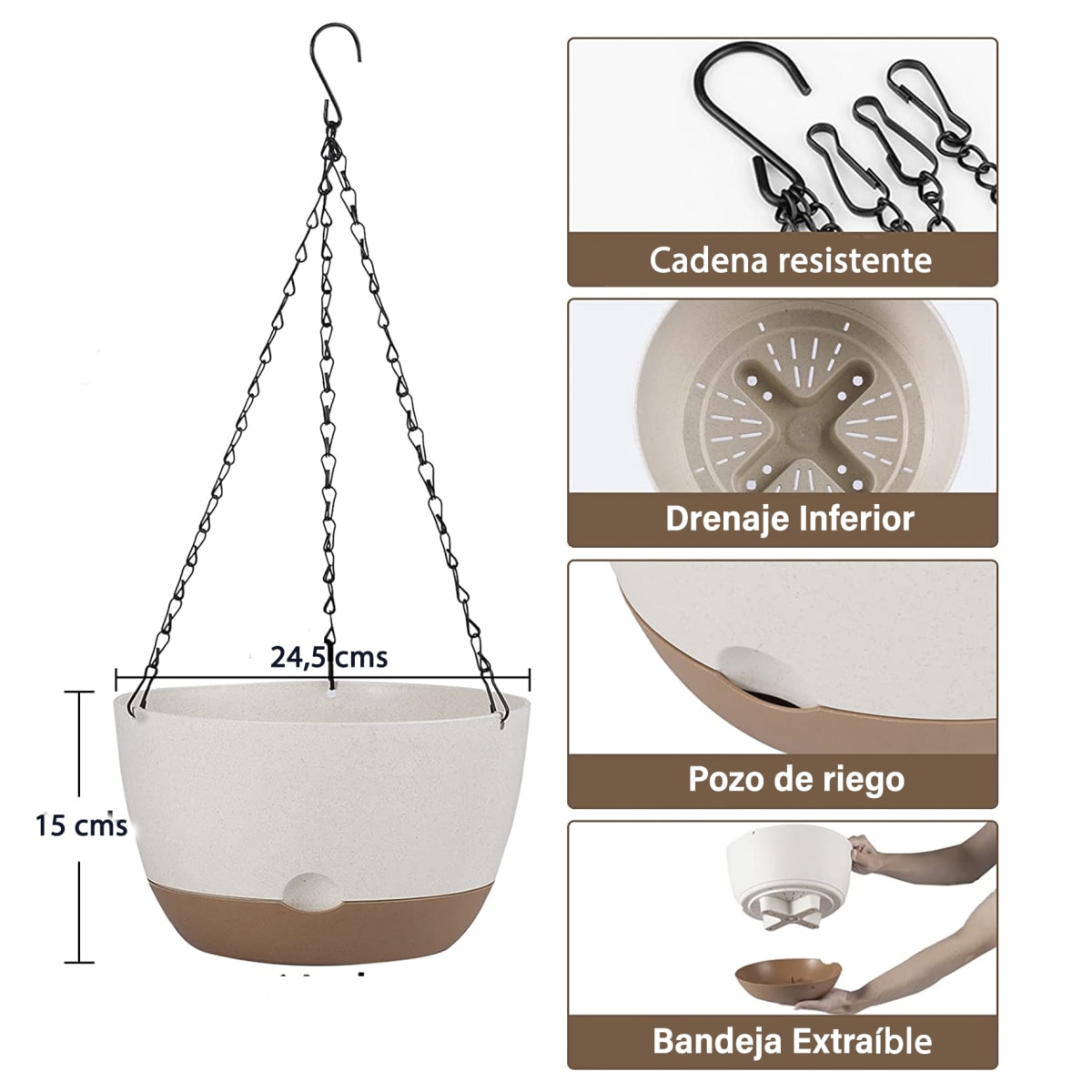 Kit 4 Maceta Colgante con Bandeja Extraíble y Drenaje M Blanca6