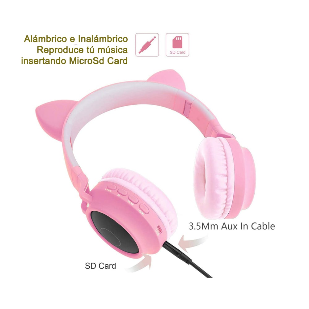 Audífonos Diadema Bluetooth Niña inalámbricos LED Gato Rosa6