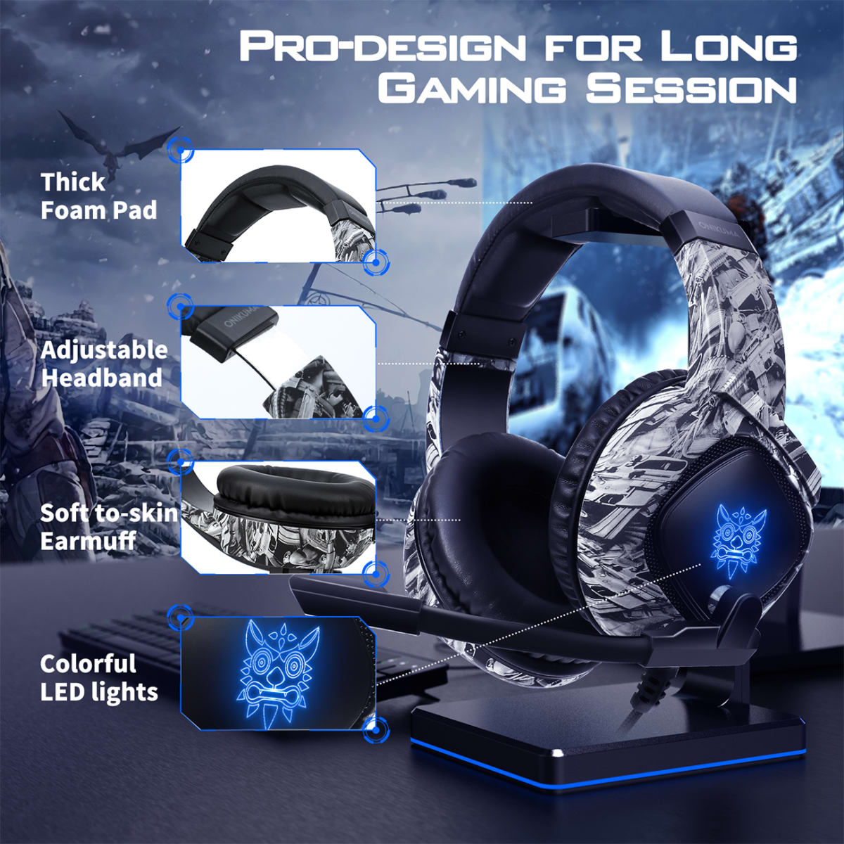 Audífonos Gamer para Ps4 Pc Xbox One Onikuma K19 Diseño4