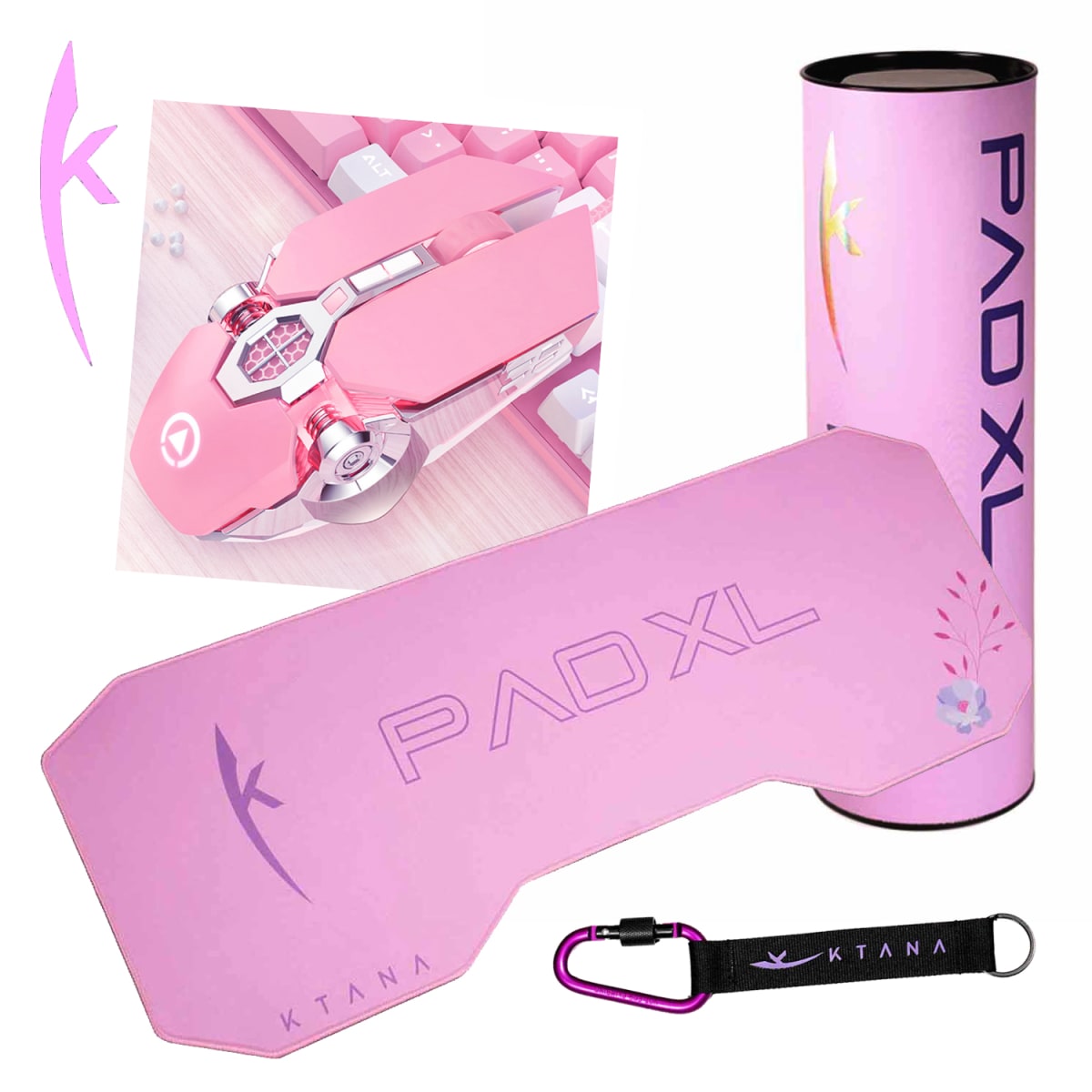 Kit Gamer Mouse, Pad mouse y llavero Rosado Ktana4