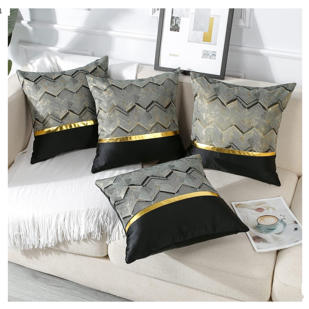 2 Fundas para Cojín Moderno Color Negro dorado 45x45 cms5