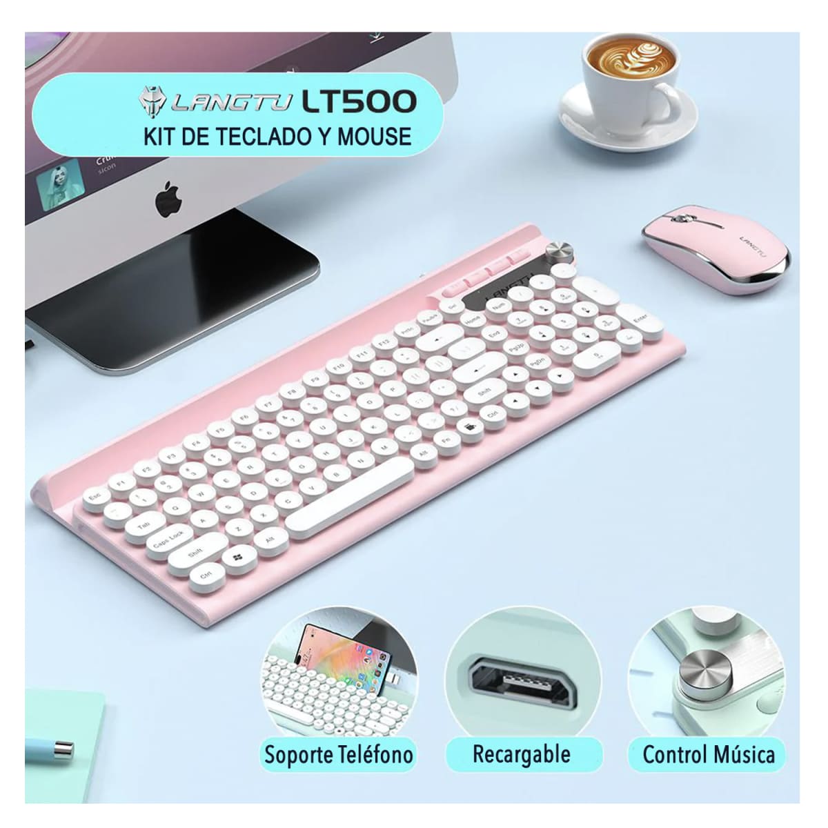KIT TECLADO RECARGABLE INALAMBRICO ROSADO LANGTU1