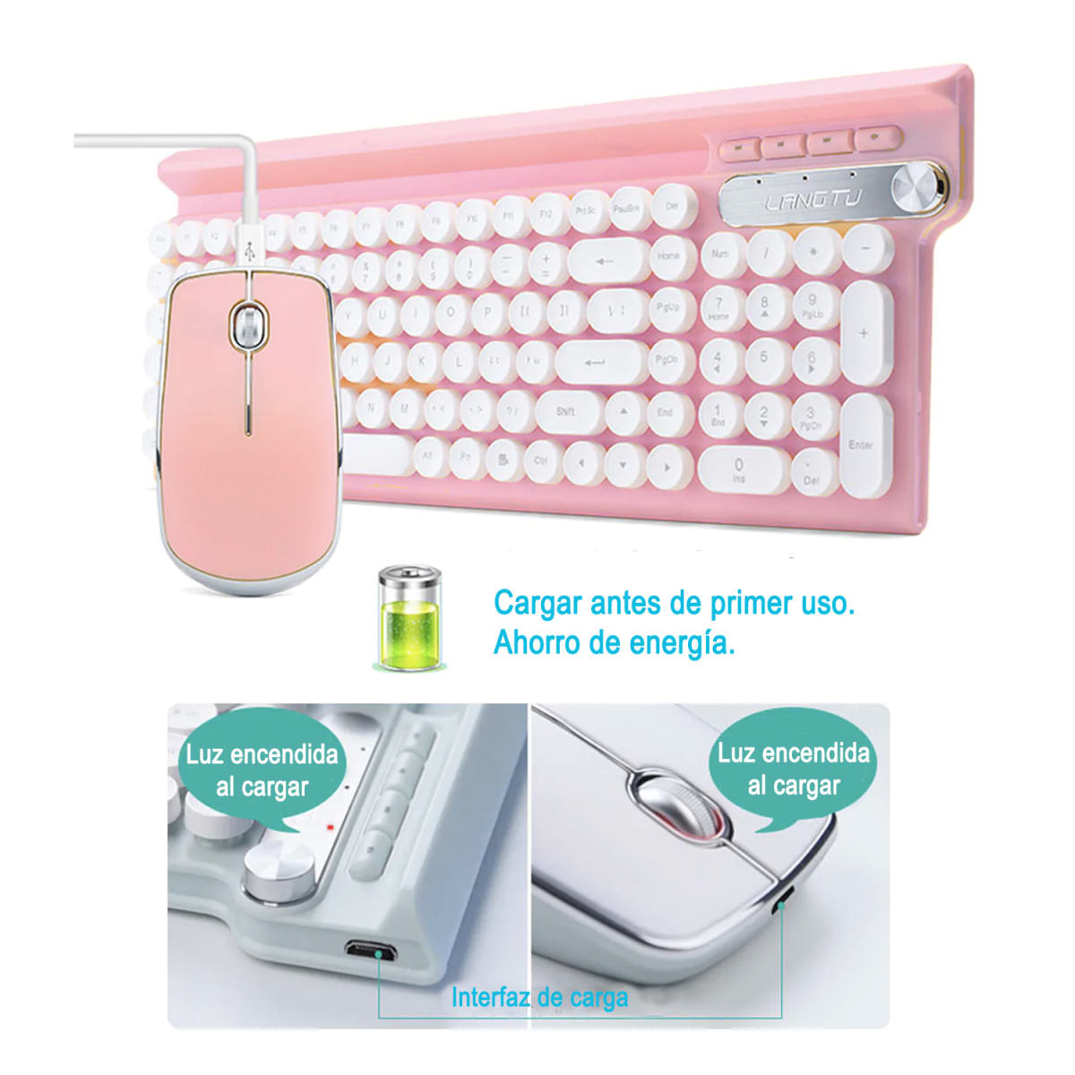 KIT TECLADO RECARGABLE INALAMBRICO ROSADO LANGTU4