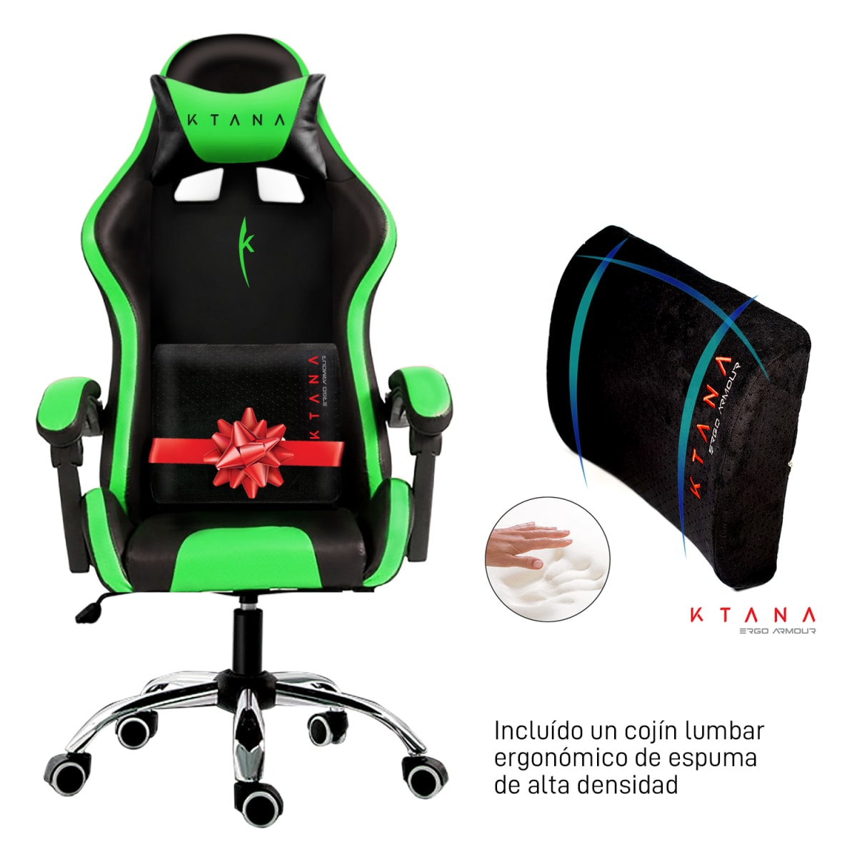 Silla Gamer Ergo Ultra Ktana Negro-Verde  Cojín Ergo Armour de Regalo1