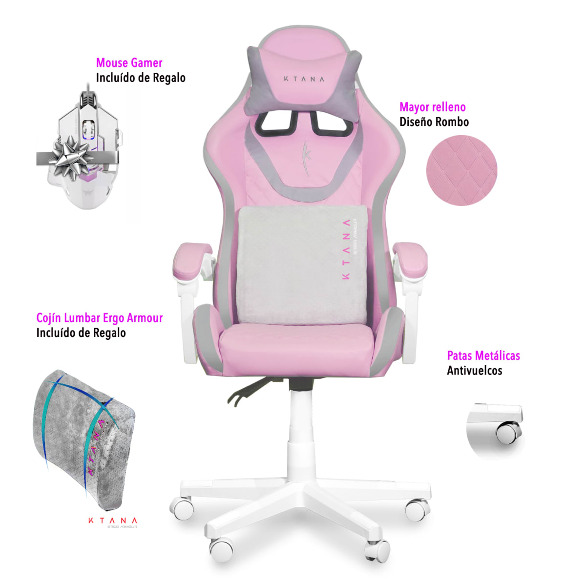 Silla Gamer Led Spectre Premier Ktana Rosa con Cojín Ergo2