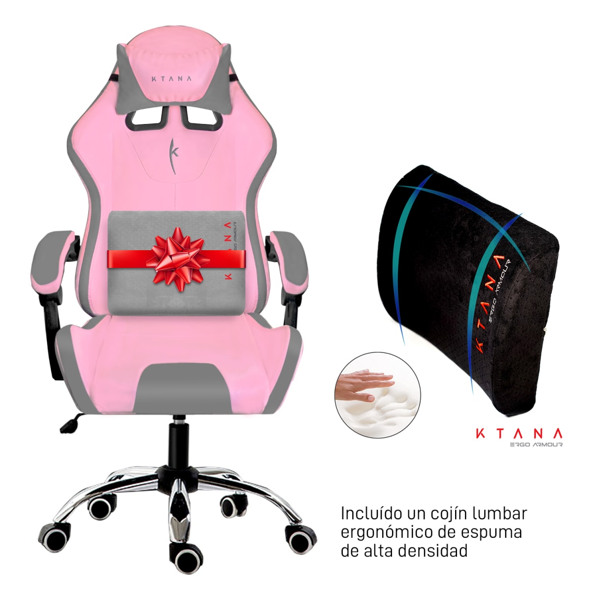 Silla Gamer Ergo Ultra Ktana Rosado-Gris Cojín Ergo Armour de Regalo1