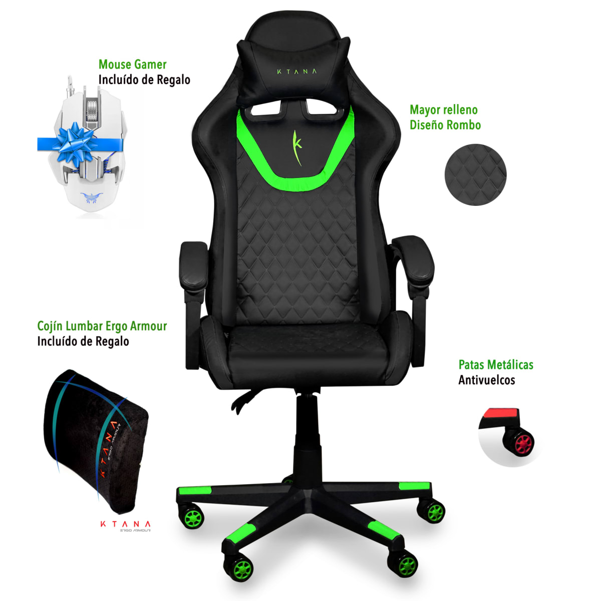 Silla Gamer Led Spectre Premier Ktana Negro con Cojín Ergo2