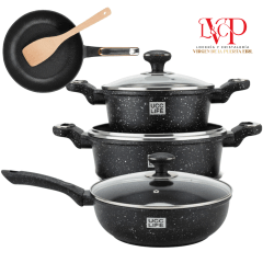 JUEGO De Ollas ROCA VOLCANICA x 8 Pzs 3 Ollas 20/24/24 Cm Con Tapa y Sarten