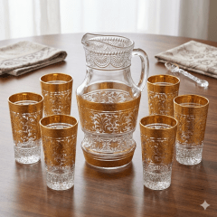 JARRA De Vidrio Diseño Dorado x 7 Pzas Vasos Con Relieve