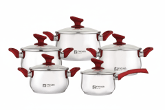 SET De Ollas FLAMENCO Acero Inoxidable Tapa Vidrio Mango Rojo