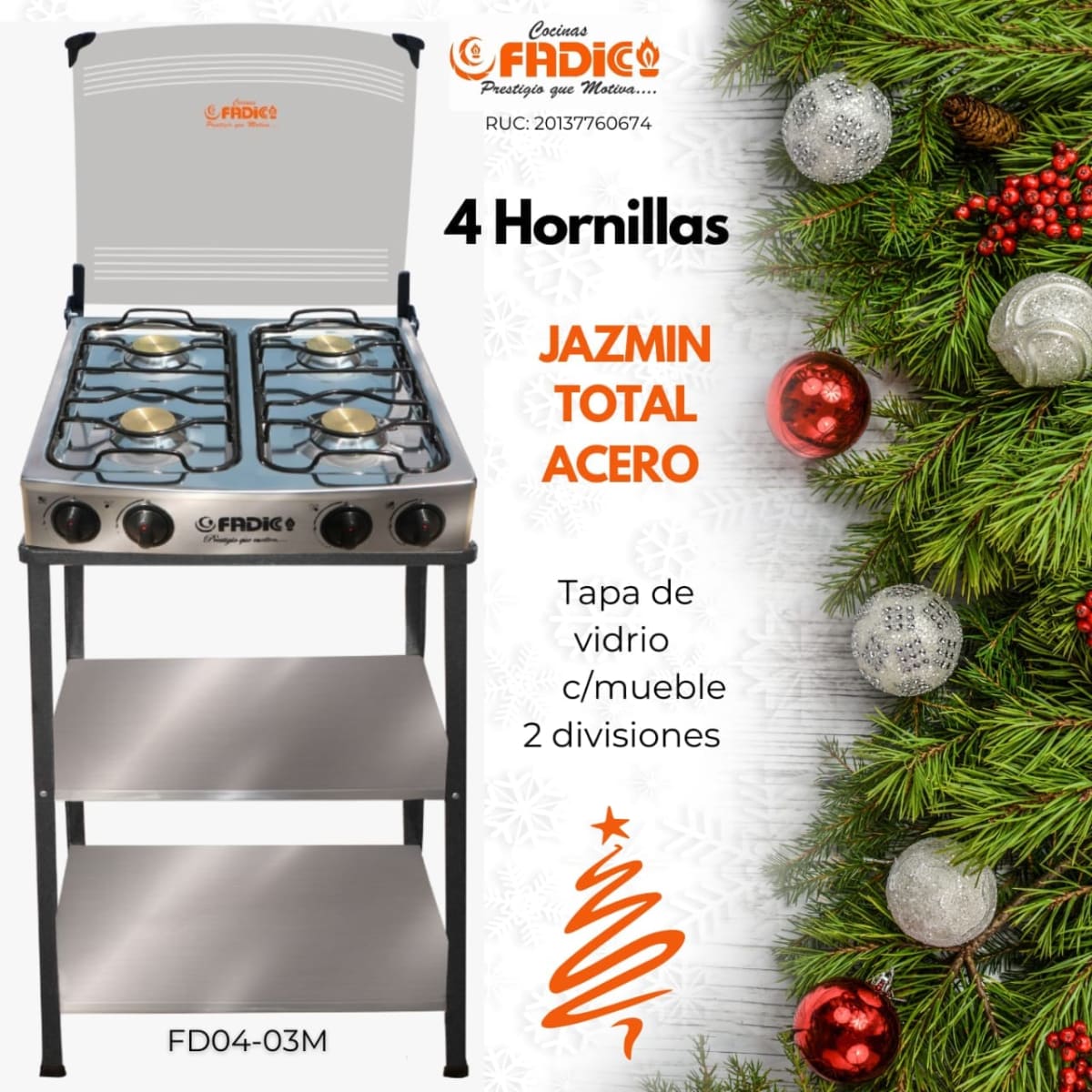 COCINA 4 Hornillas JAZMIN Tablero ACERO Con Tapa Con MUEBLE 2 Divisiones - FADIC1