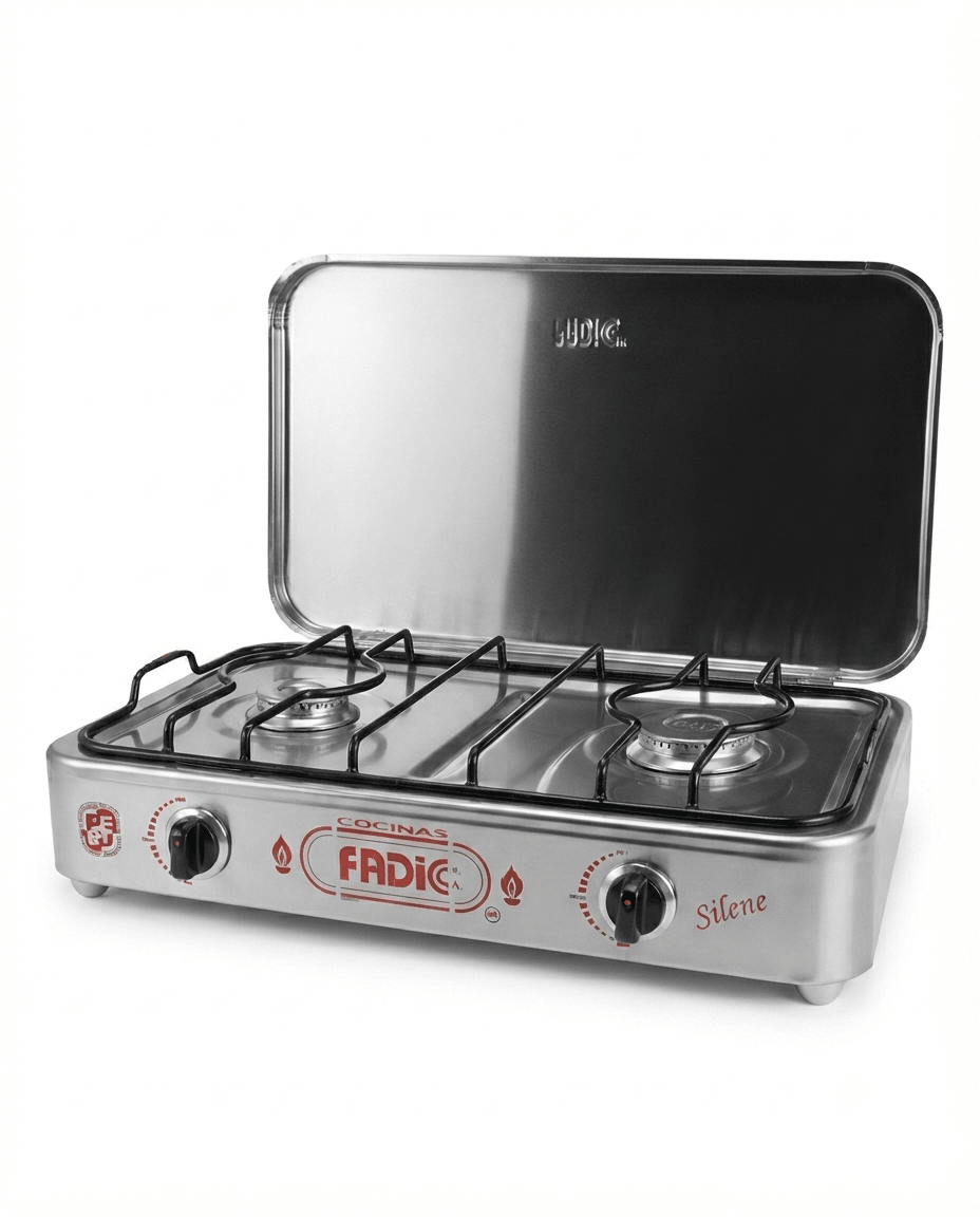 COCINA A GAS 02 Hornillas SILENE Total Acero Con Tapa1