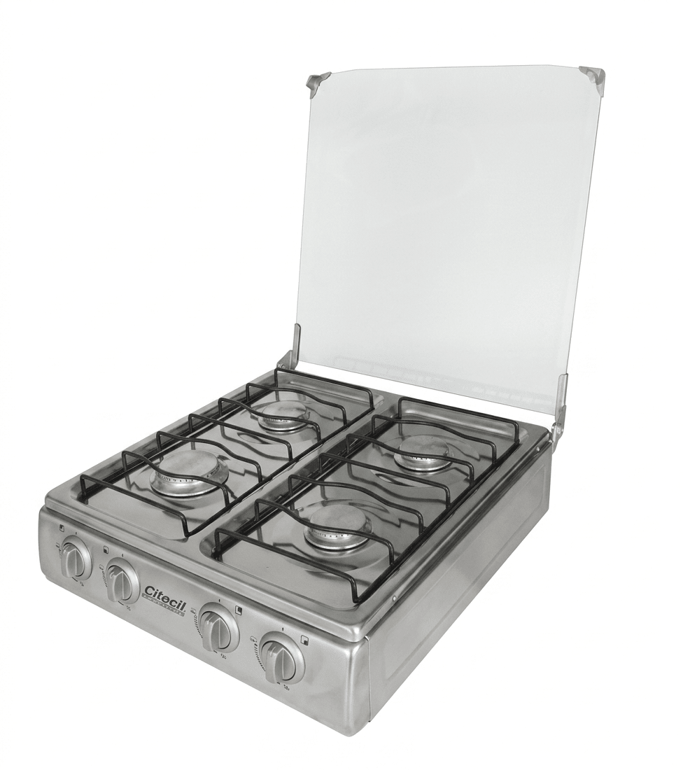 COCINA De GAS 4 Hornillas Total Acero Con Tapa Vidrio Modelo ANYI1