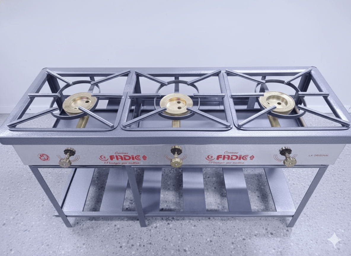 COCINA SEMI-IND 3 Hornillas PIE Quemador HONGO Frontal Acero 6 PATAS - FADIC1