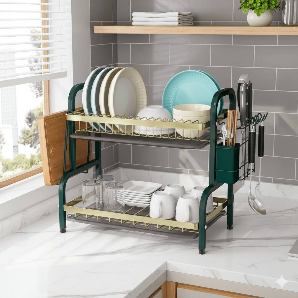 ESCURRIDOR De Platos ACERO 2 Pisos Color Verde y Negro - ABHER3