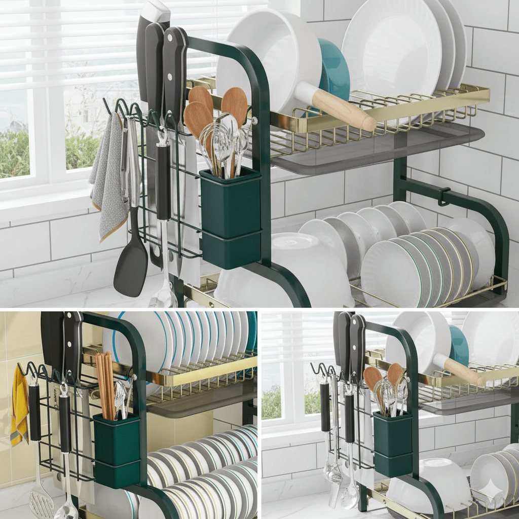 ESCURRIDOR De Platos ACERO 2 Pisos Color Verde y Negro - ABHER4