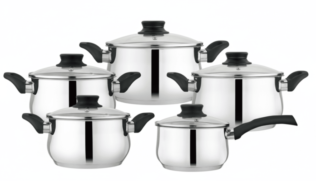 SET De OLLAS VALENCIA Acero Inoxid.  x 10 Pz Tapa Vidrio y Acero-  FACUSA1