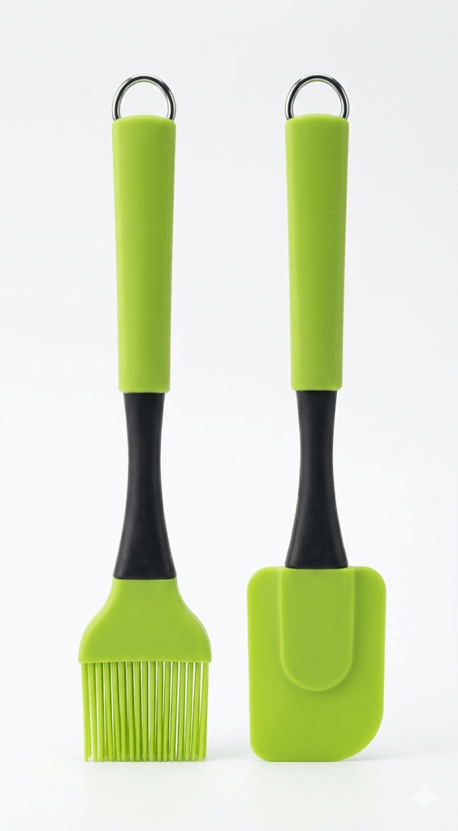 SET De Espatula Doble Cara + Cuchara De SILICONA Mango Verde1