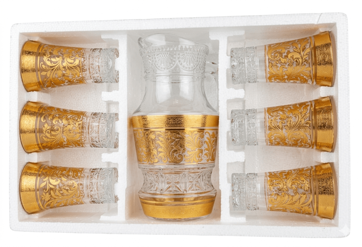 JARRA De Vidrio Diseño Dorado x 7 Pzas Vasos Con Relieve2