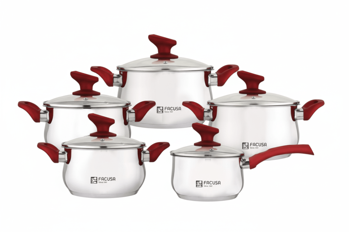 SET De Ollas FLAMENCO Acero Inoxidable Tapa Vidrio Mango Rojo1