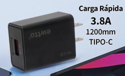 CARGADOR CELULAR RAPIDO NEGRO TIPO C 3,8A CON ADAPTADOR1