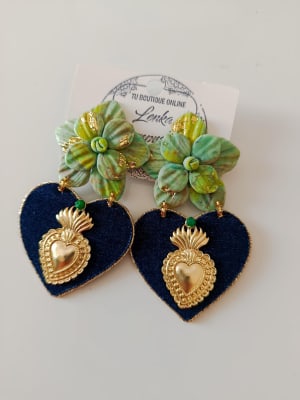 Aros Corazón tela jeans verde1