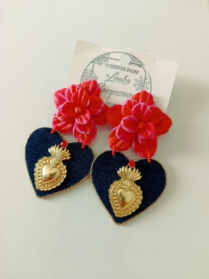 Aros Corazón tela jeans rojo1