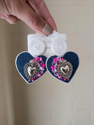 Aros Corazón jeans aplicaciones de mostacillas, corazón plateado1