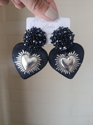 Aros Corazón jeans negro, dije plateado1
